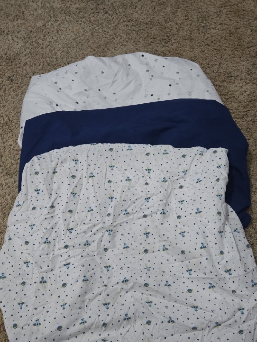 White With Space Ships, Navy Star Print & Solid Blue Fitted Sheets Set Of 3! - Picture 2 of 5
